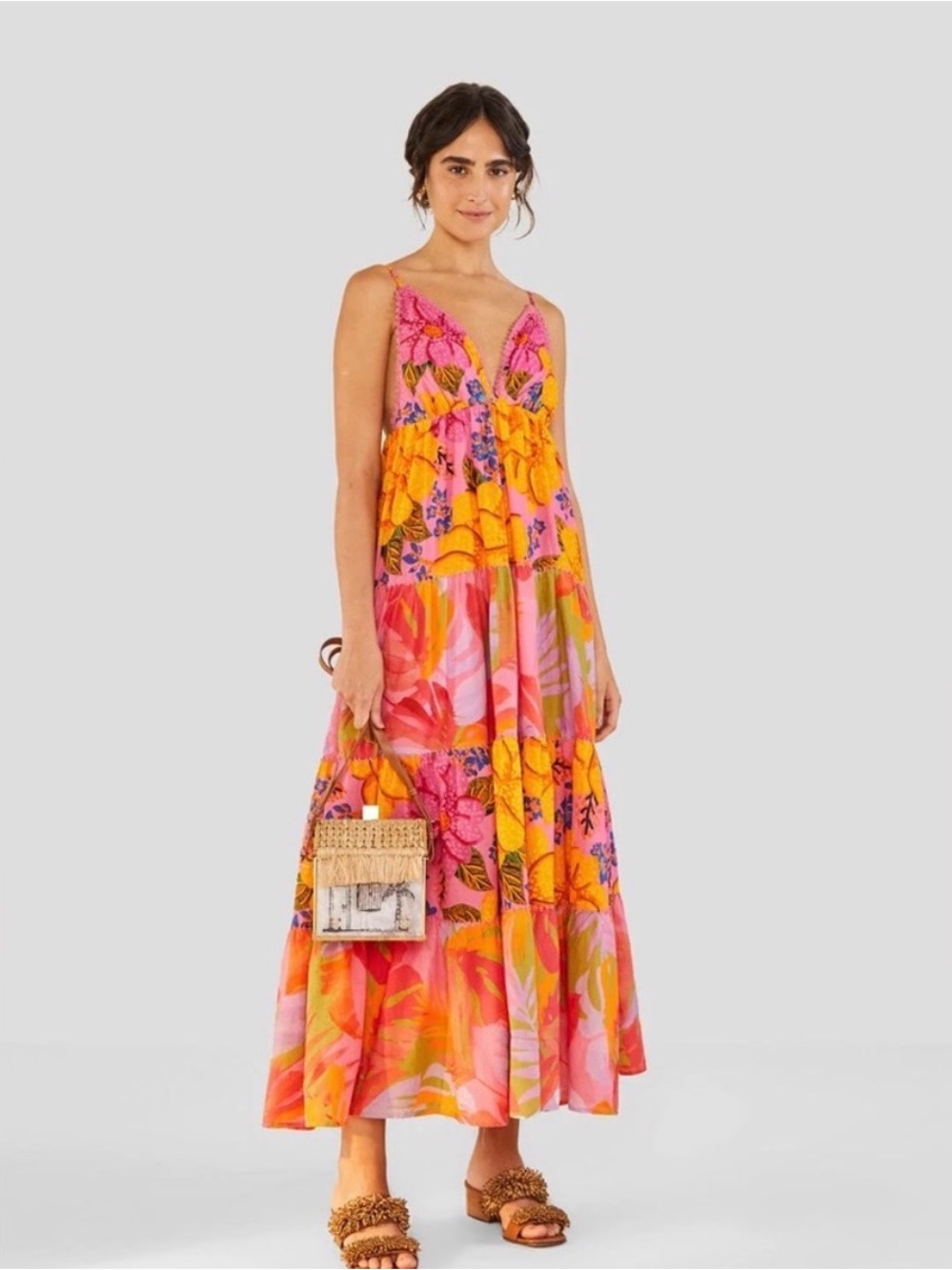 FARM Rio Pink and Orange Floral Tiered Maxi Dress